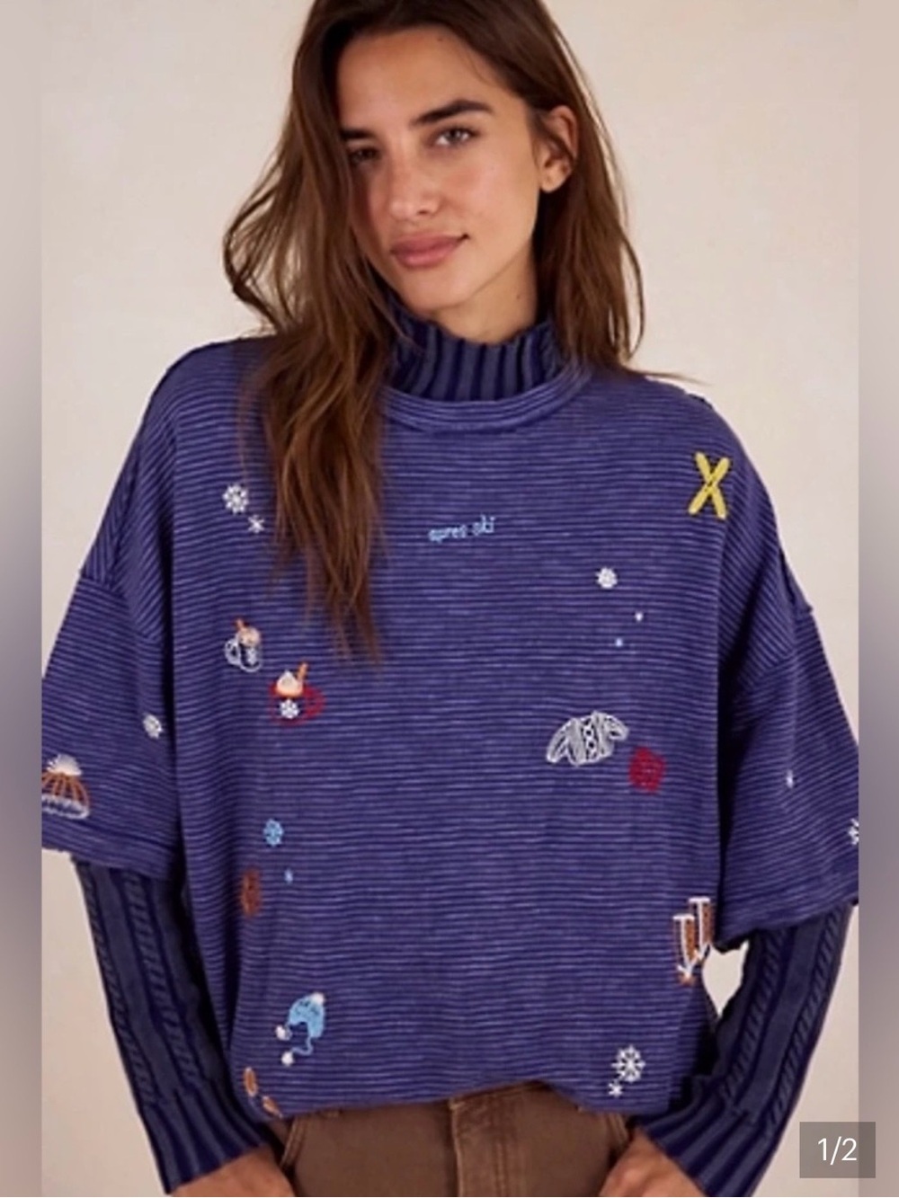 Free People/ We The Free Embroidered Camp Tee ~Ski Combo~Size XL